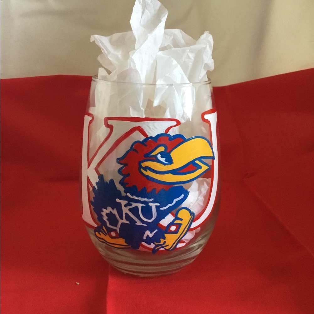 Kansas University wine glass handpainted brand New